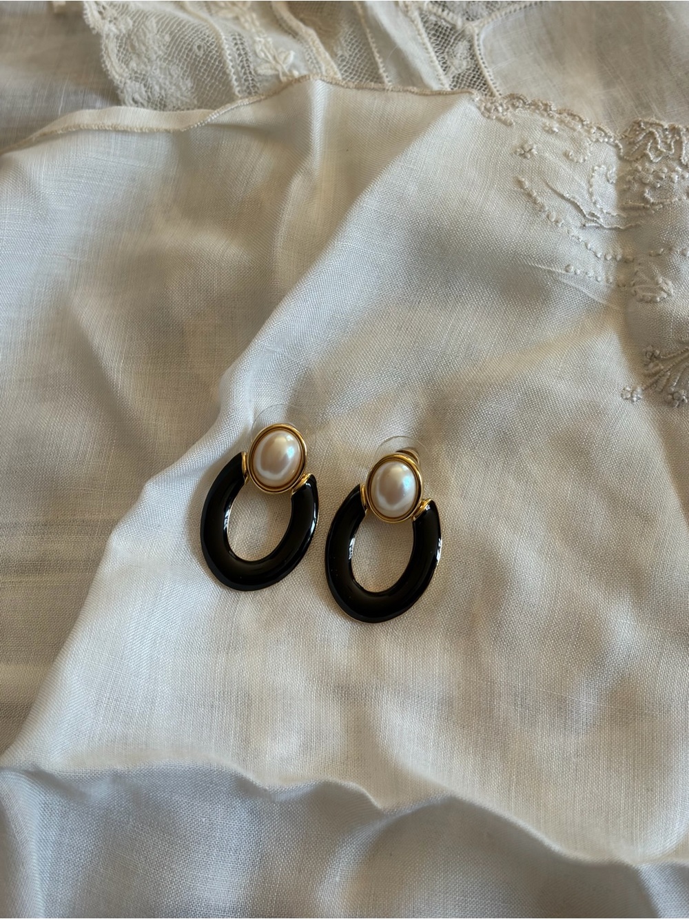 Vintage Monet Gold Pearl Black Enamel Door Knocker Earrings